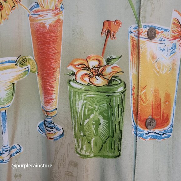 Vtg Big Dogs Hawaiian Camp Shirt 2X Pocket Green Tropical Drinks Vacation Y2K - Picture 4 of 15